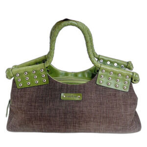Matt & Natt Anthropologie Green Faux Leather Brown Studded Handbag Studded